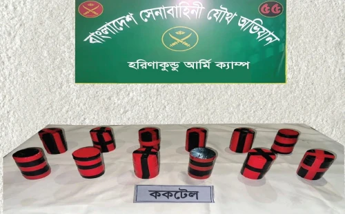হরিণাকুণ্ডুতে যৌথবাহিনীর অভিযানে ১২টি তাজা ককটেল উদ্ধার