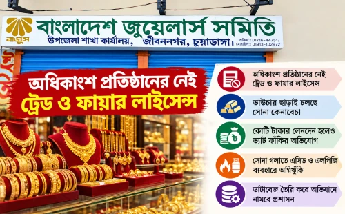 জীবননগরে ১২৪টি জুয়েলারি প্রতিষ্ঠানের ৯১টিরই নেই ডিলিং লাইসেন্স, প্রকৃত লেনদেন গোপনের অভিযোগ