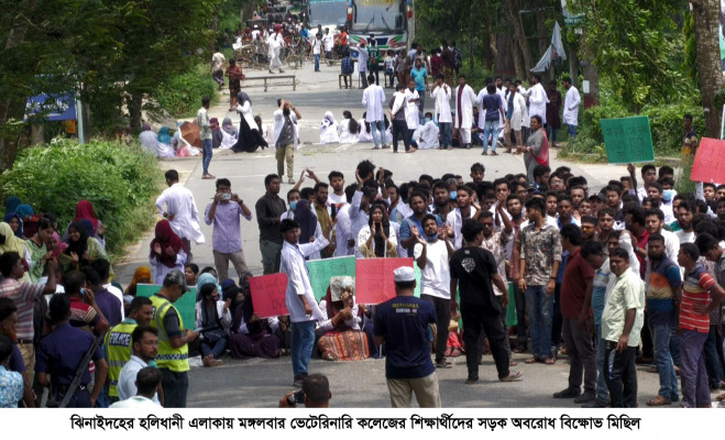ঝিনাইদহে ভেটেরিনারি কলেজের শিক্ষার্থীদের সড়ক অবরোধ ও বিক্ষোভ মিছিল