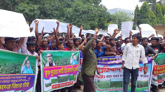 জীবননগর কৃষ্ণপুরে বিষের বোতল ও কাফনের কাপড় পড়ে কৃষকদের বিক্ষোভ