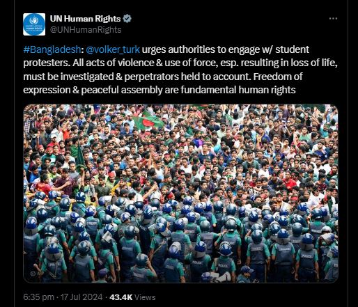 আন্দোলনকারীদের পাশে দাাঁড়াতে সরকারের প্রতি জাতিসংঘ মানবাধিকার প্রধানের আহ্বান