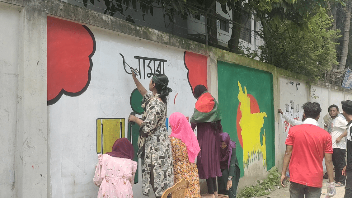 দর্শনায় দেয়াল লিখন ও ছবি এঁেকছে চলেছে শিক্ষার্থীরা
