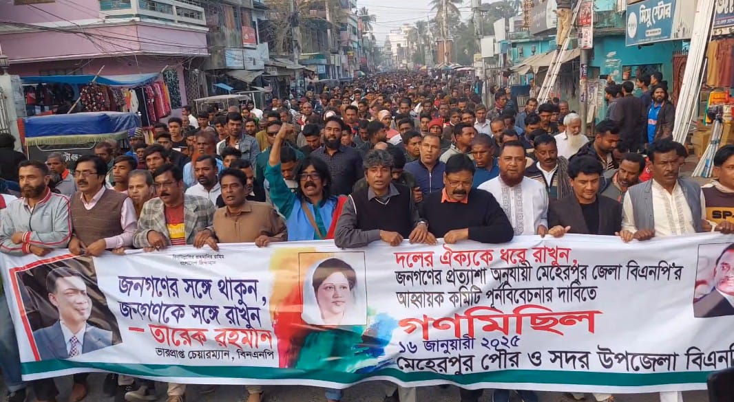 মেহেরপুরে বিএনপির আহ্বায়ক কমিটি পুনঃবিবেচনার দাবিতে গণমিছিল