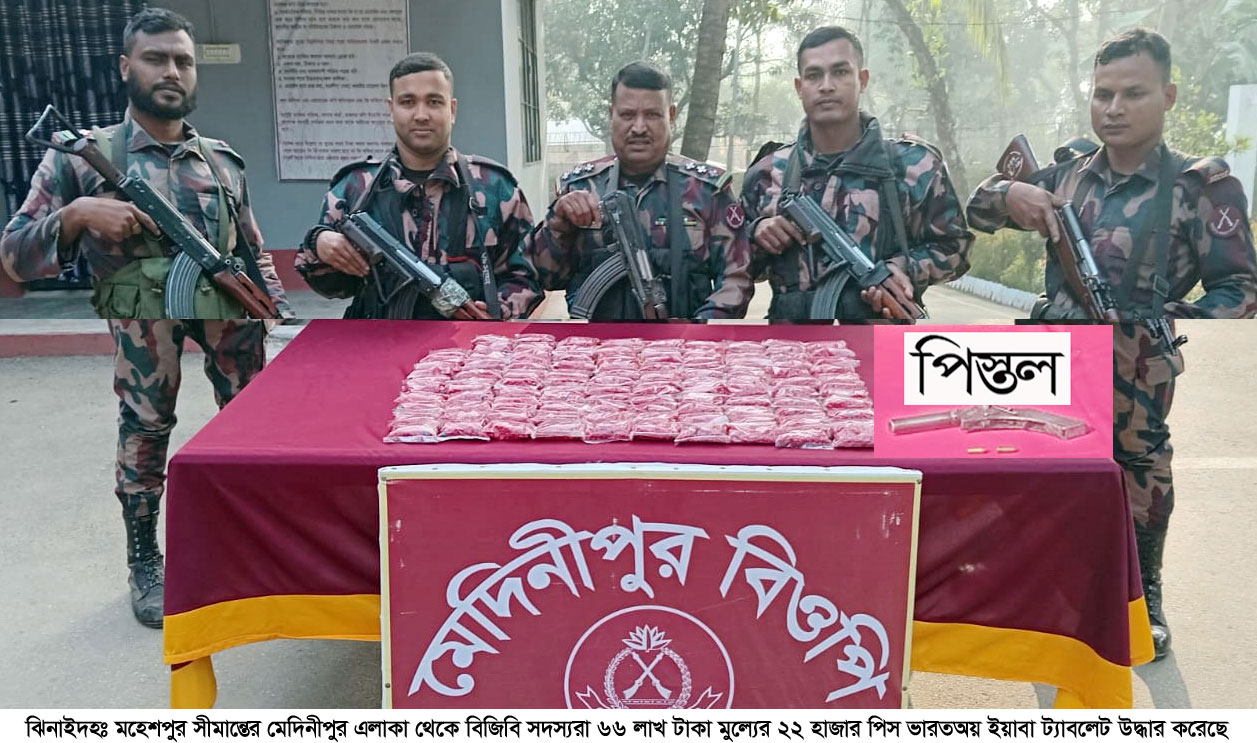 মহেশপুর সীমান্তে ৬৬ লাখ টাকার ইয়াবা উদ্ধার